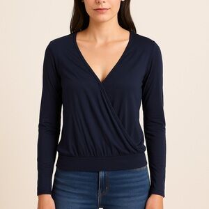 LOFT Black Top Size Medium V Neck Long Sleeves Faux Wrap